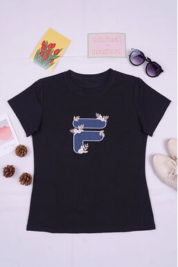 Denim F Capital Letter Floral Embroidered T Shirt (Black)